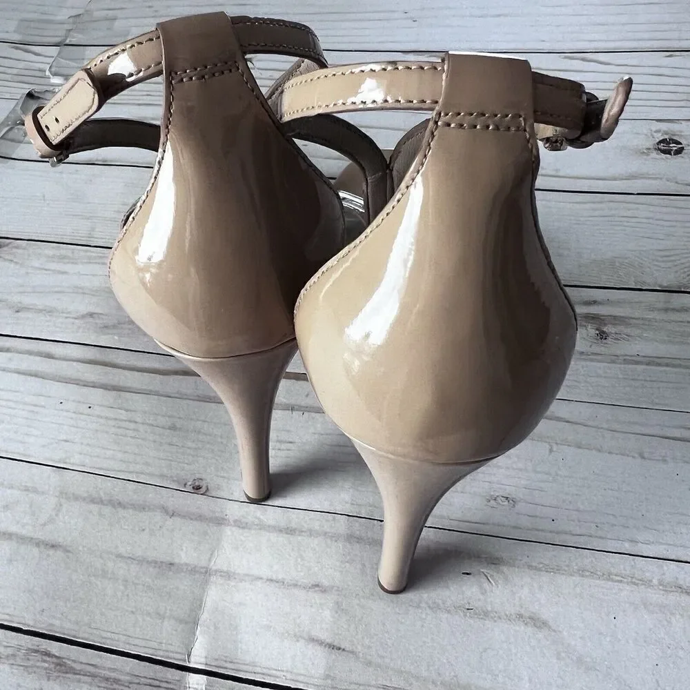 Tory Burch Shelley Heels Nude T Strap Stiletto Patent Leather Womens Size 9